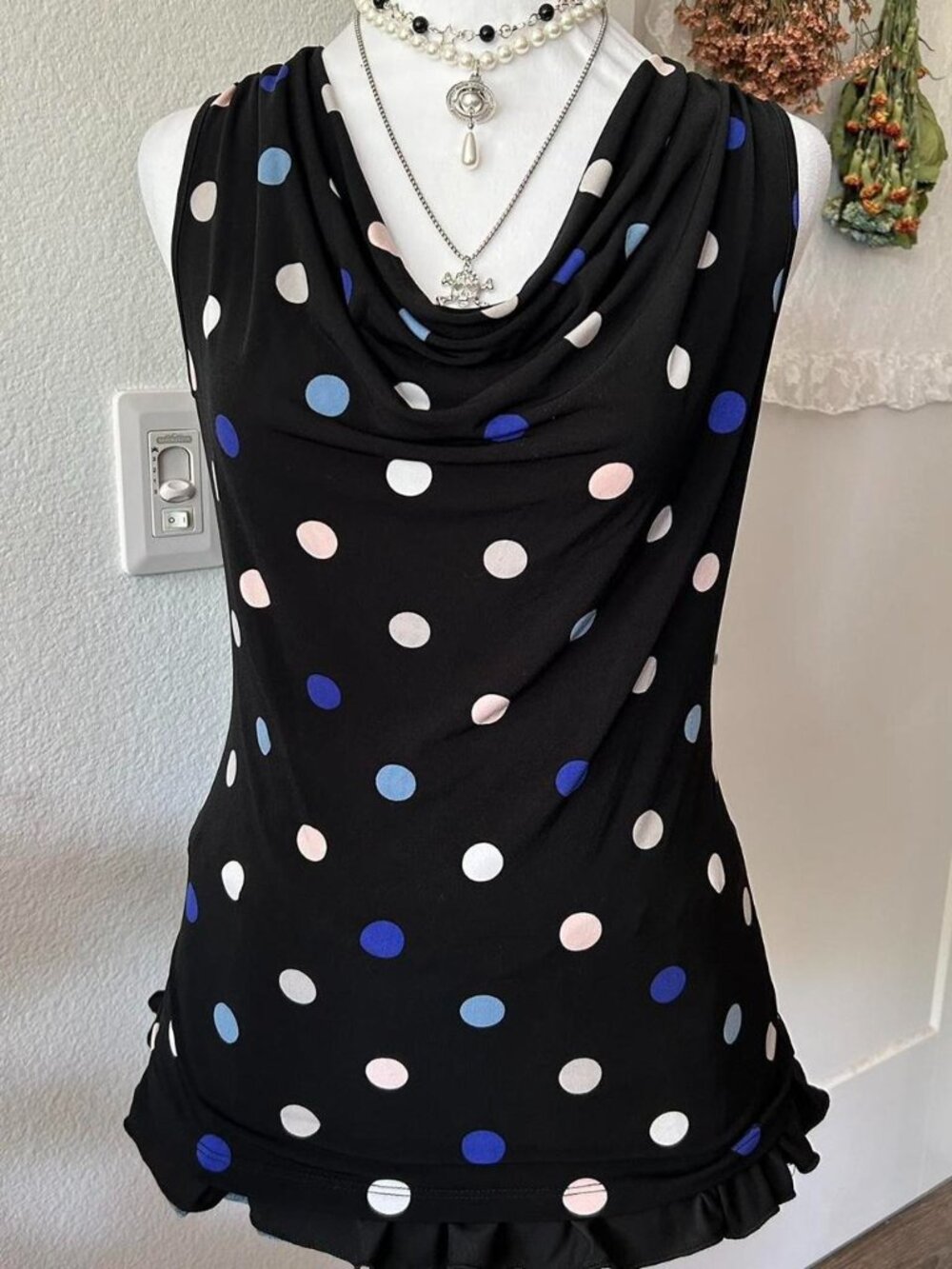 Y2K Grace Black Polka Dot Cowl Neck Tank Top